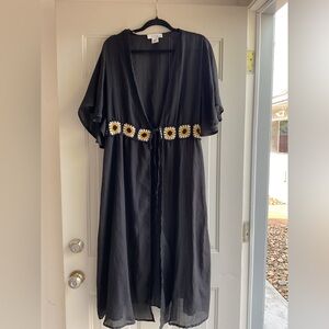 Women's Black breezy Duster  Sunflower Embroidered Waist -